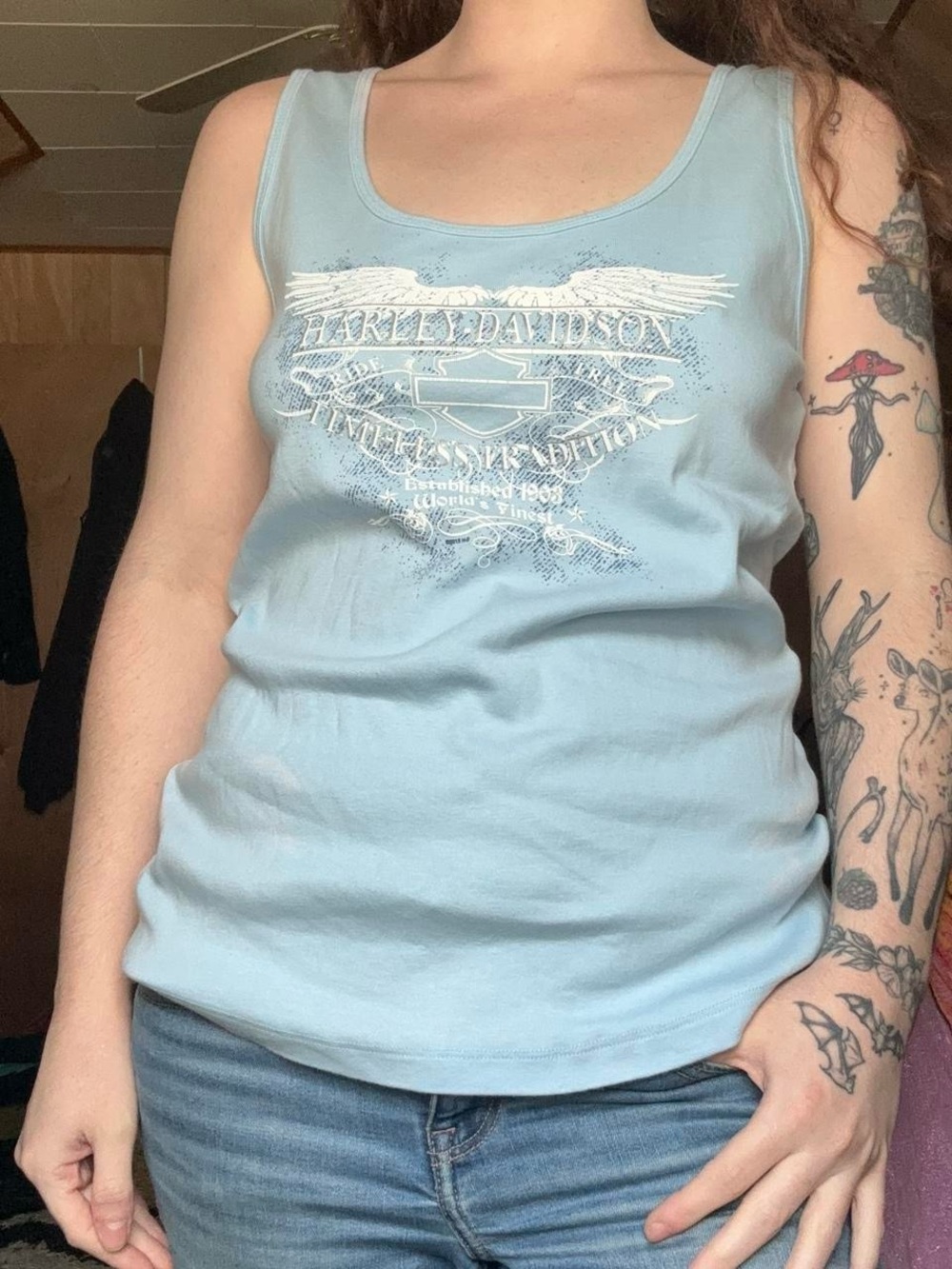 Harley Davidson Coquette Light Blue Logo San Francisco Graphic Coquette Tank Top